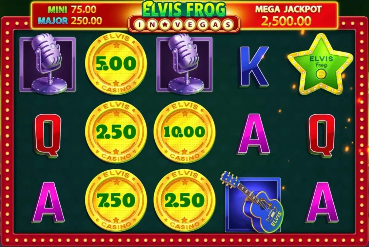 Elvis Frog in Vegas Elvis Frog In Vegas slot game symbols and jackpot amounts displayed